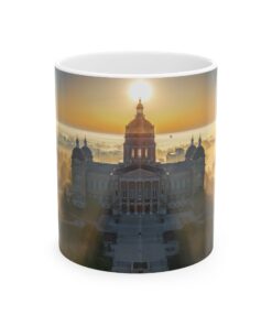 a mug with a building on it