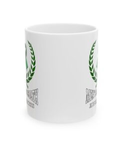 White ceramic mug with a green ribbon, laurel wreath, and the text 