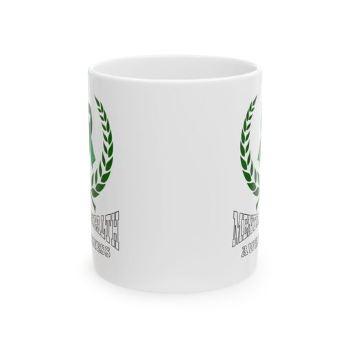 White ceramic mug with a green ribbon, laurel wreath, and the text "Mental Health Awareness."