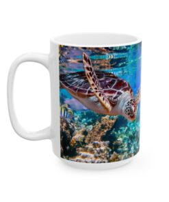 a white mug with a turtle swimming in the water