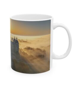 a white coffee mug with a capital building on it