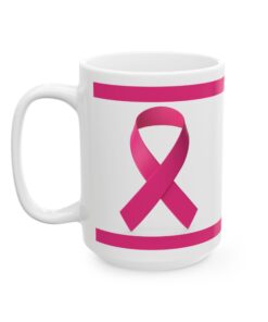 Pink ribbon ceramic mug with floral design, in support of breast cancer awareness