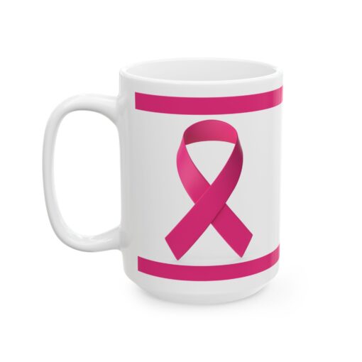 Pink ribbon ceramic mug with floral design, in support of breast cancer awareness