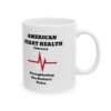 a white mug with a american heart health heart beat line