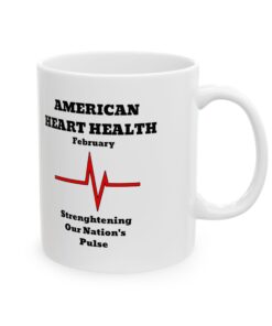 a white mug with a american heart health heart beat line