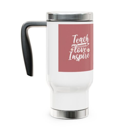 White Stainless Steel Travel Mug with the words Teach, Love, Inspire with Pencil and Daisies Design