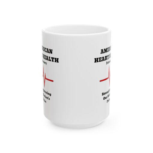 a white mug with black text and red words