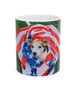 a mug with a dog wrapped in a american flag