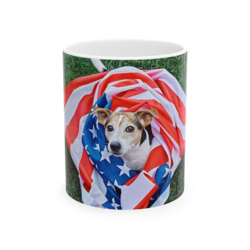 a mug with a dog wrapped in a american flag