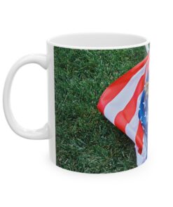 a mug with a dog wrapped in a american flag