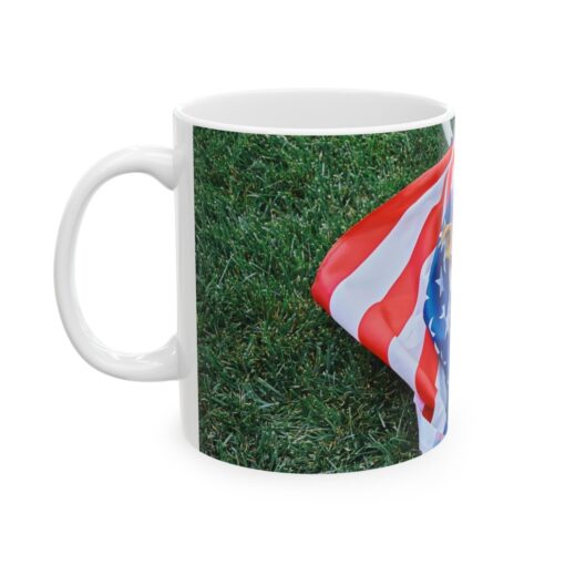 a mug with a dog wrapped in a american flag