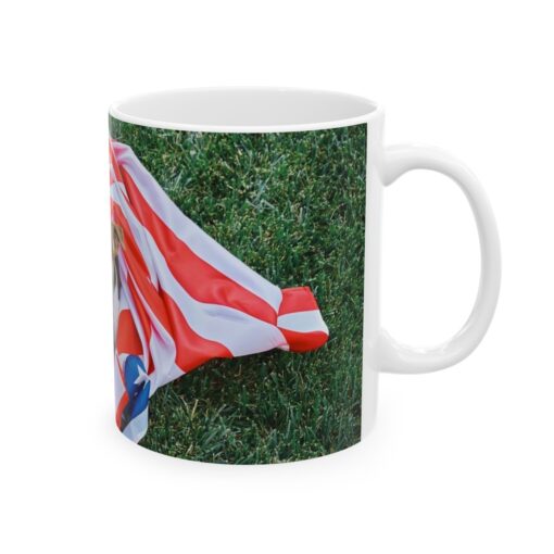 a mug with a dog wrapped in a american flag