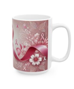 a coffee mug with pink ribbons and flowers