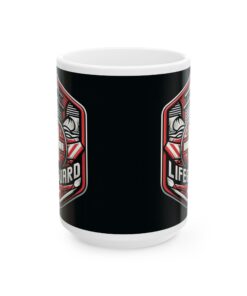 a black and red mug with a lifeguard graphic design on it