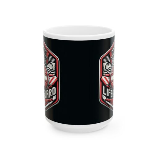 a black and red mug with a lifeguard graphic design on it