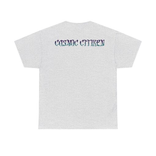 Grey t-shirt with colorful alien head design and 'Cosmic Citizen' and 'Earthly Vessel' text.