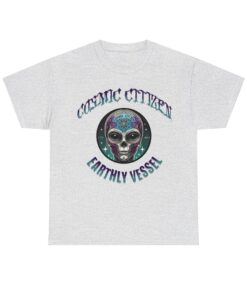 Grey t-shirt with colorful alien head design and 'Cosmic Citizen' and 'Earthly Vessel' text.