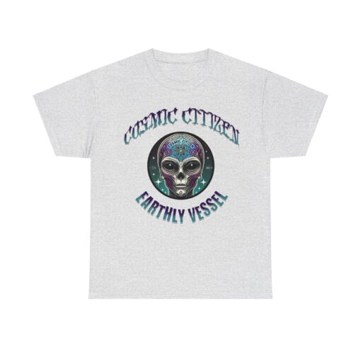 Grey t-shirt with colorful alien head design and 'Cosmic Citizen' and 'Earthly Vessel' text.