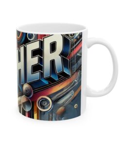 Colorful Mug with abstract design and the word "TEACHER" cover by various educational icons and shapes.