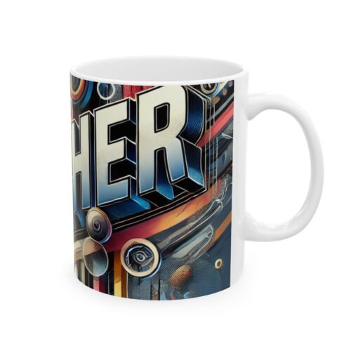 Colorful Mug with abstract design and the word "TEACHER" cover by various educational icons and shapes.