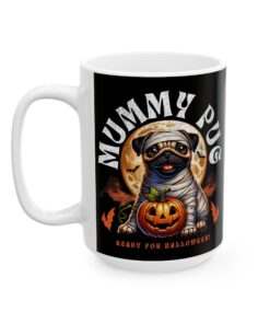 a coffee mug with a pug wrapped up in a mummy costume for halloween