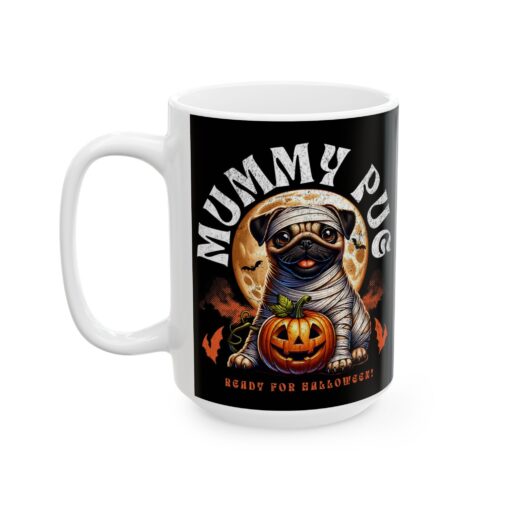 a coffee mug with a pug wrapped up in a mummy costume for halloween