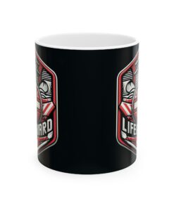 a black mug with red and white lifeguard graphics