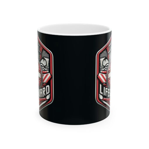 a black mug with red and white lifeguard graphics