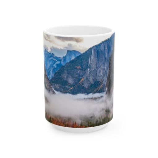 coffee mug showing Yosemite valley with morning clouds