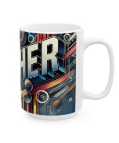 Colorful Mug with abstract design and the word 