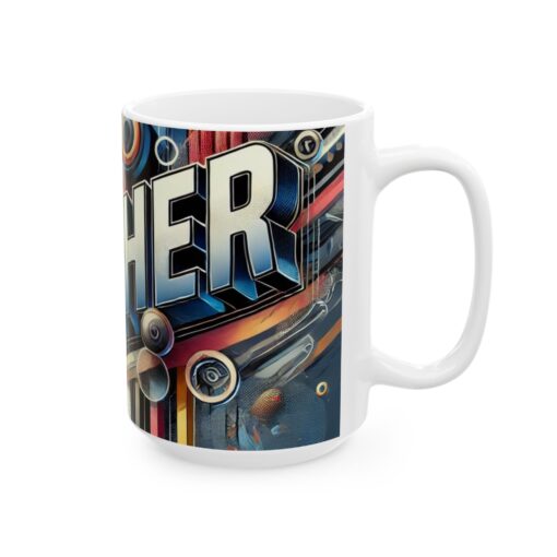 Colorful Mug with abstract design and the word "TEACHER" cover by various educational icons and shapes.