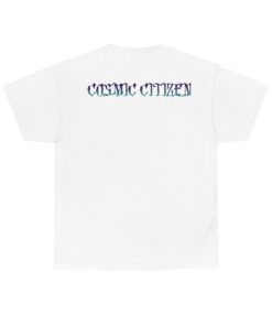 Grey t-shirt with colorful alien head design and 'Cosmic Citizen' and 'Earthly Vessel' text.