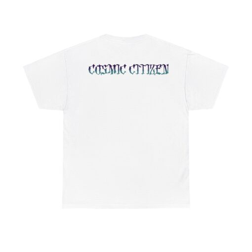 Grey t-shirt with colorful alien head design and 'Cosmic Citizen' and 'Earthly Vessel' text.