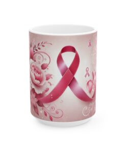 a mug with a pink ribbon on it