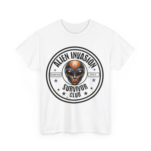 Unisex heavy cotton tee with the text 'Alien Invasion Survivor Club.