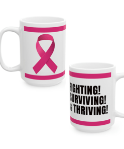 Pink ribbon ceramic mug with floral design, in support of breast cancer awareness