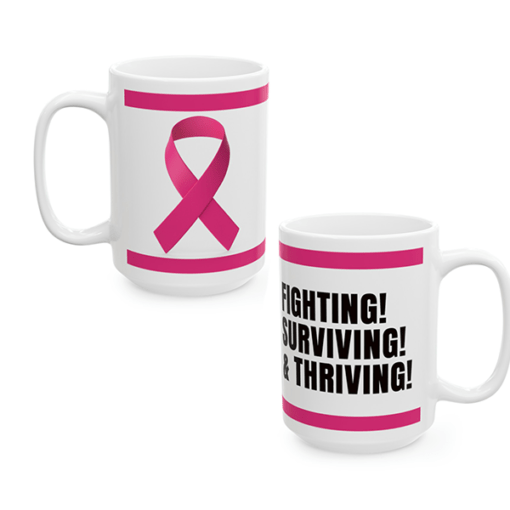 Pink ribbon ceramic mug with floral design, in support of breast cancer awareness