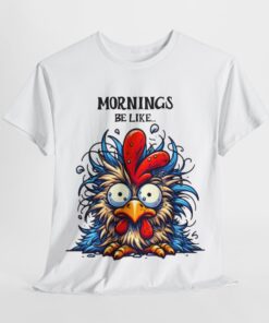 a t-shirt with a cartoon rooster on it