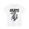 a white shirt with a skeleton skateboarding on it