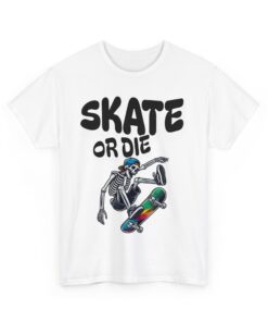 a white shirt with a skeleton skateboarding on it