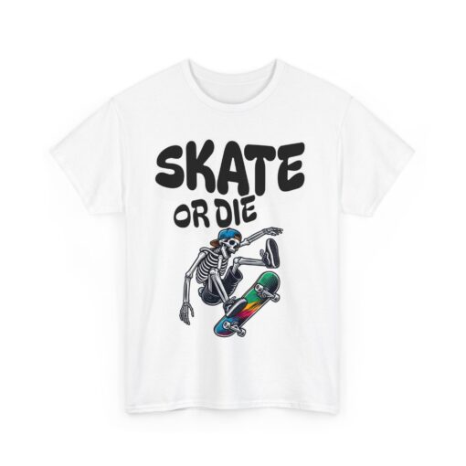 a white shirt with a skeleton skateboarding on it