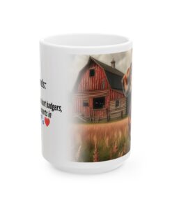 a mug with a picture of a barn and a dog