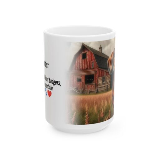 a mug with a picture of a barn and a dog