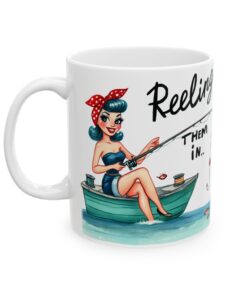 a mug with a cartoon of a woman on a boat