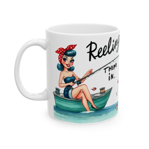 a mug with a cartoon of a woman on a boat