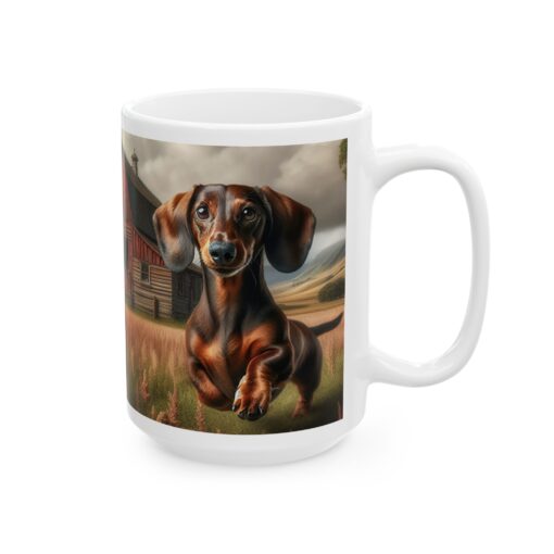 a white mug with a dachshund dog on it