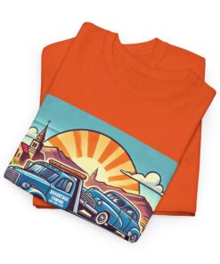 a folded orange t-shirt with a picture of a police car