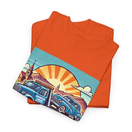 a folded orange t-shirt with a picture of a police car