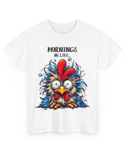 a white t-shirt with a cartoon rooster on it