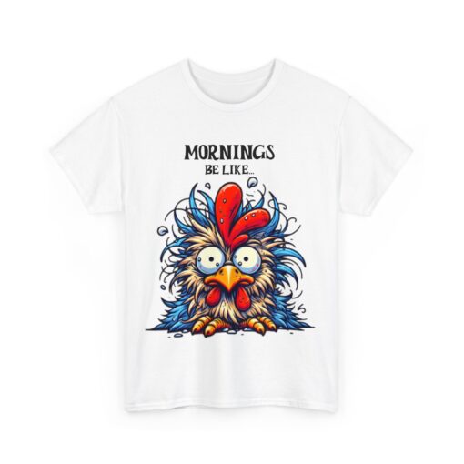 a white t-shirt with a cartoon rooster on it